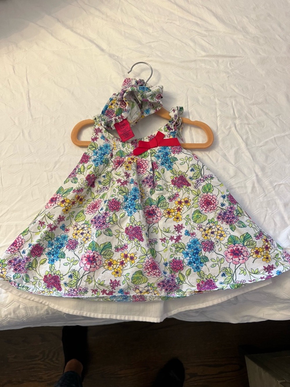 Floral Print Girls' Summer Dress with Bow - White/Pink/Blue